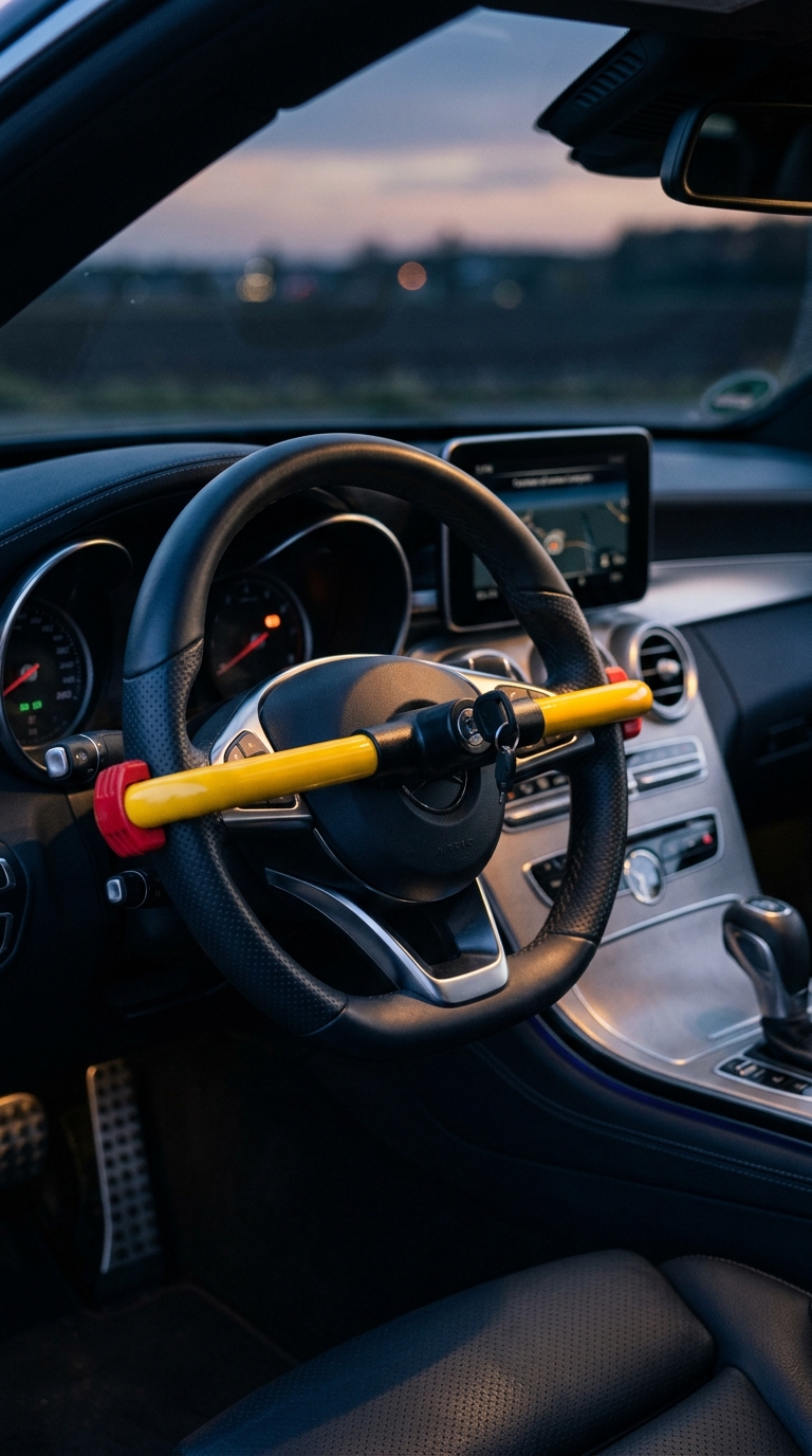 High-visibility steering wheel lock fitted on a guest's car